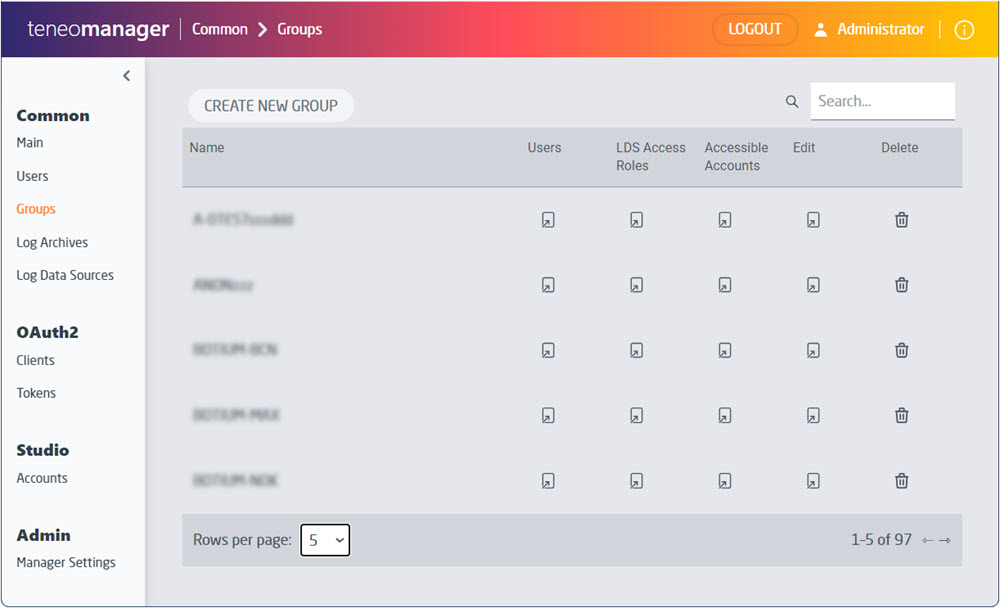 Teneo Manager Groups page