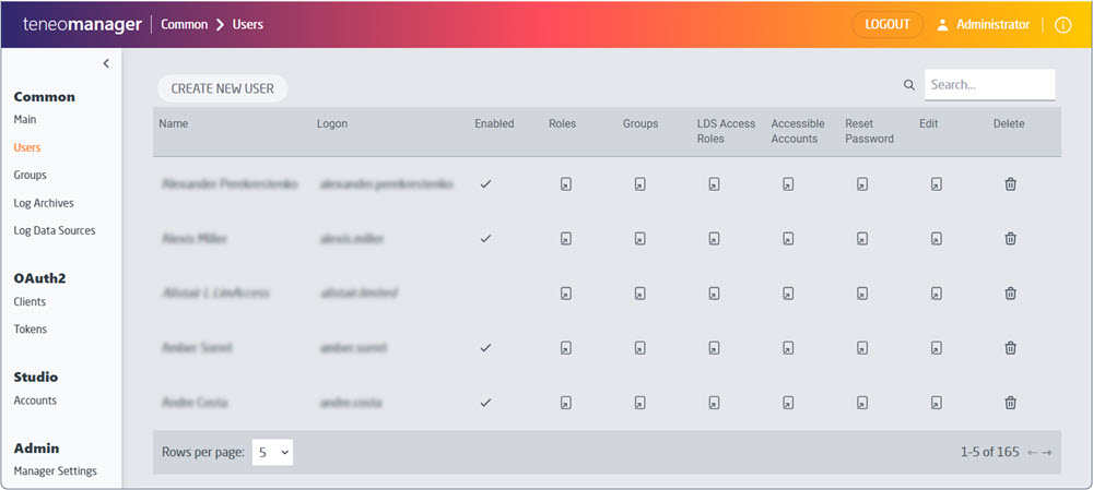 Teneo Manager Users page